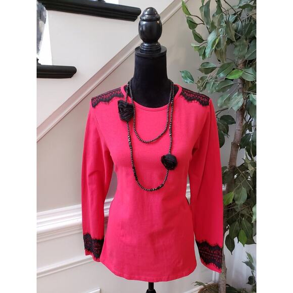 Women's IZOD Red Lace Shoulder Long Sleeve Top with Black Lace Detail Size M - Picture 1 of 11